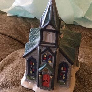 Ceramic Church Figurine with Stained Glass Details cobblestone